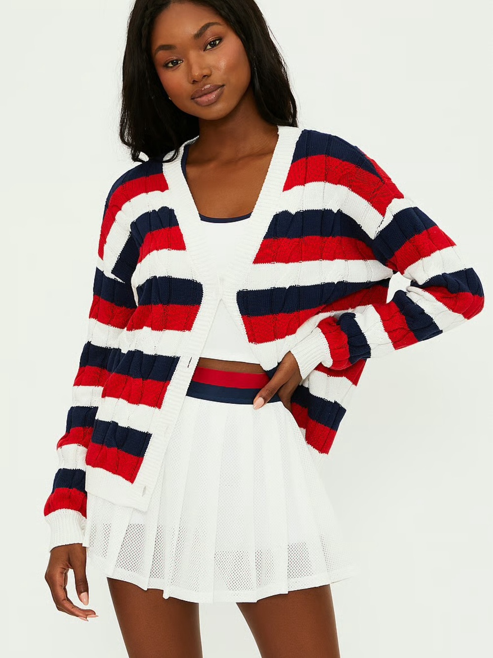 Beach Riot Sherry Cardigan Size Small Cherry Indigo Stripes Cable-Knit Sweater